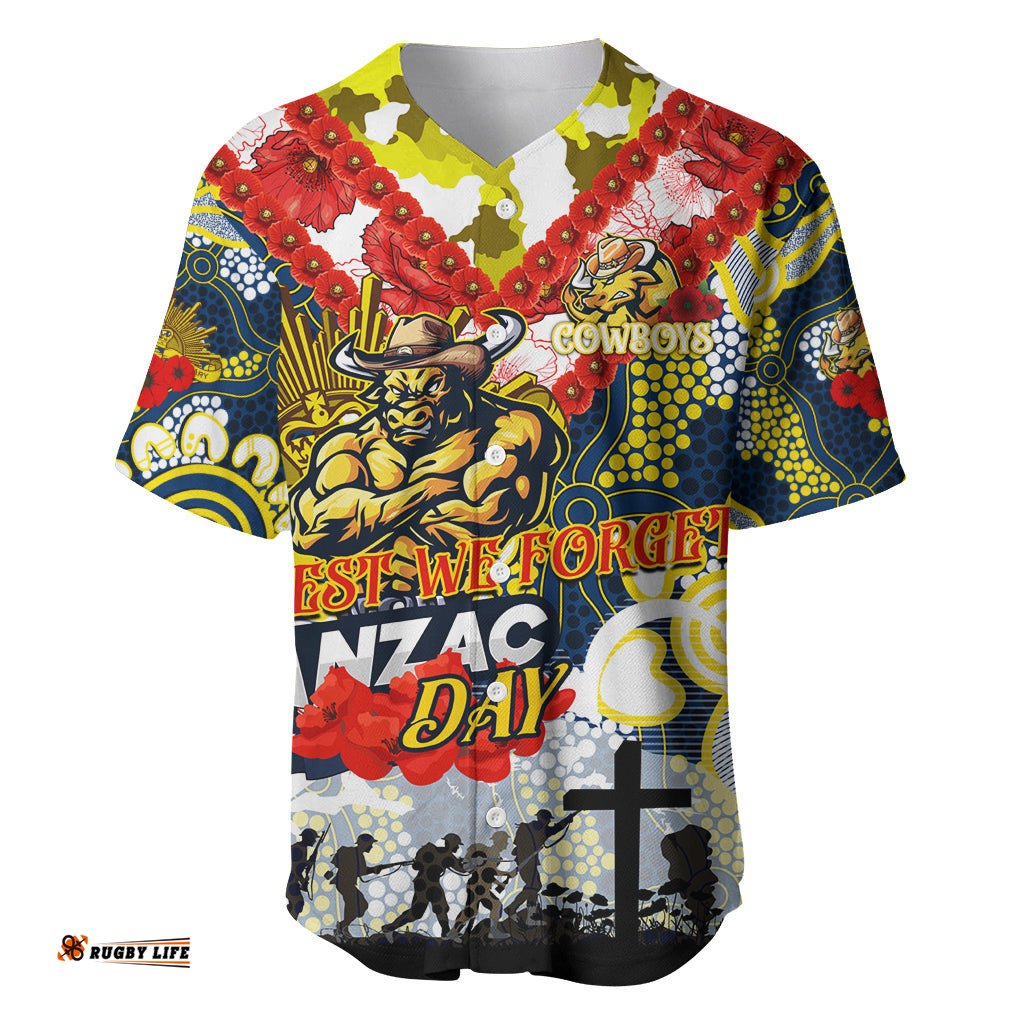 Personalised Cowboys ANZAC Day Baseball Jersey Shirt Aboriginal Rising Sun