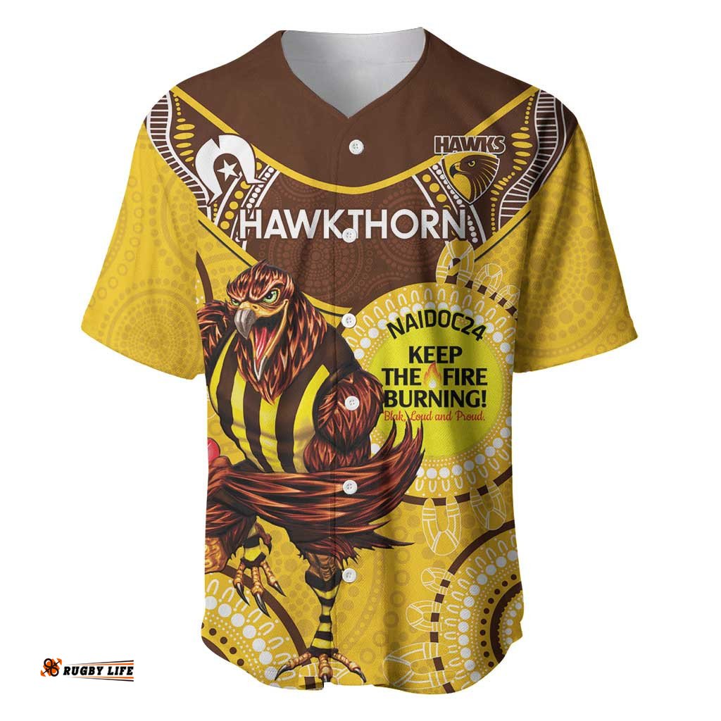Custom AFL Hawkthorn NAIDOC Week Baseball Jersey Shirt Keep The Fire Burning Indigenous Art