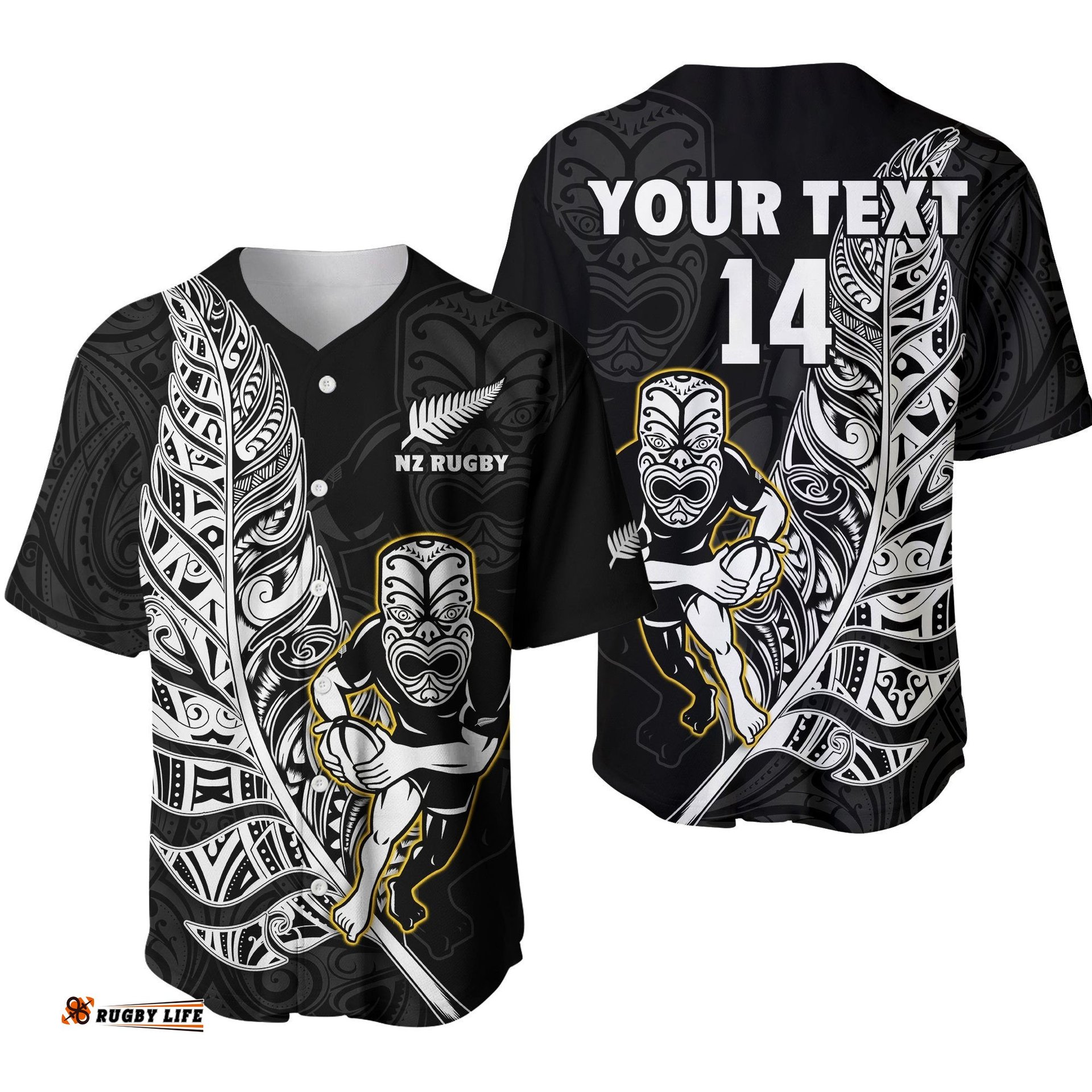 Custom Text And Number New Zealand Silver Fern Rugby Baseball Jersey Shirt All Black Maori Version Black