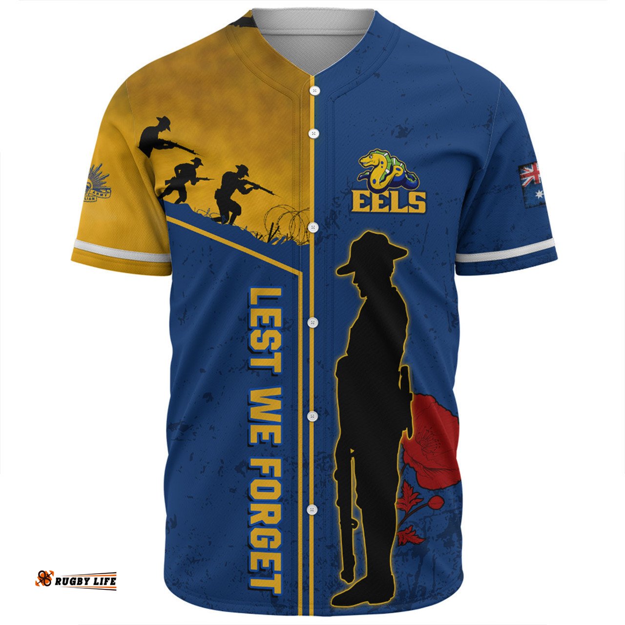 Parramatta Eels Baseball Shirt - Anzac Day Lest We Forget Poppy