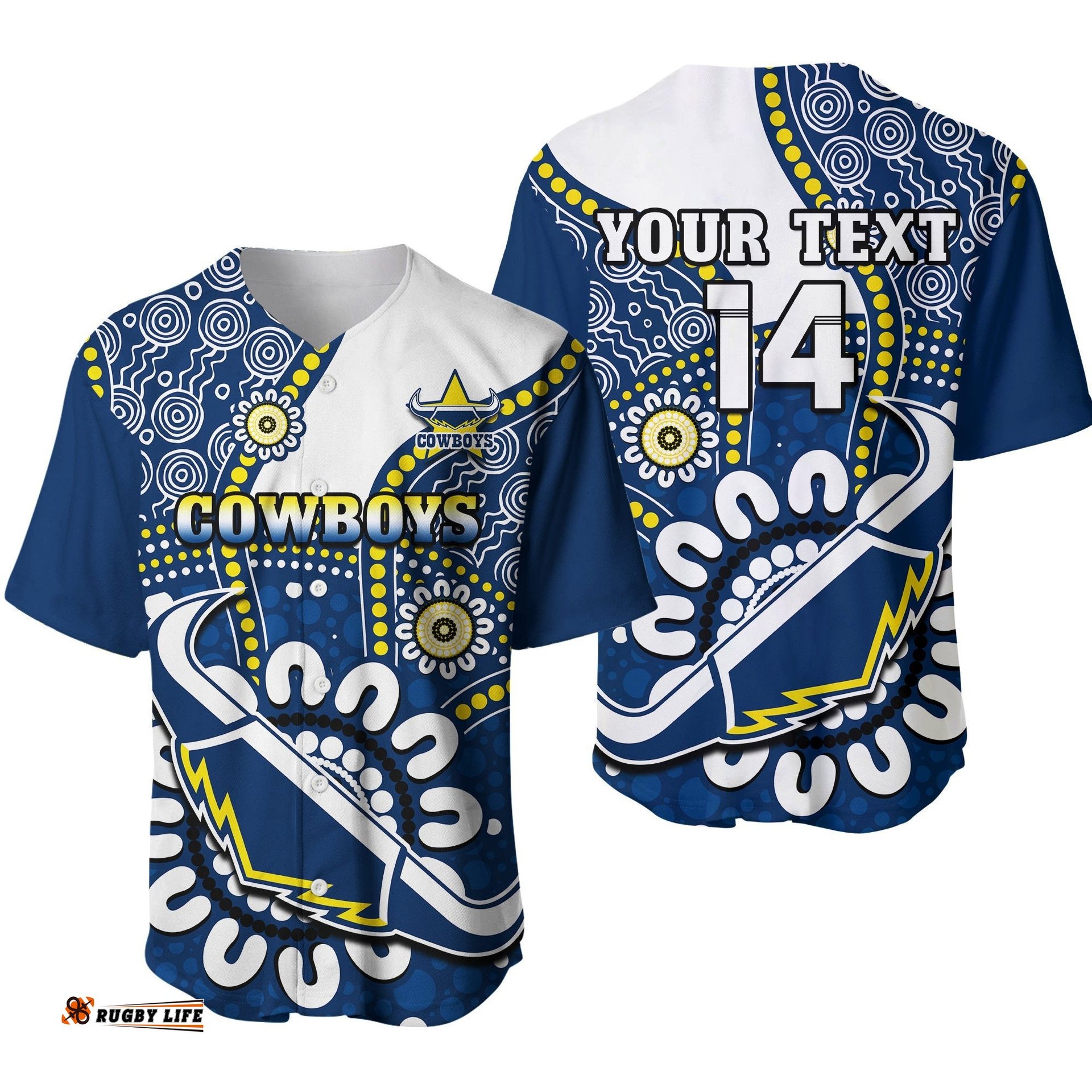 Custom Text And Number Cowboys Rugby Baseball Jersey Shirt Indigenous Art Ver.01