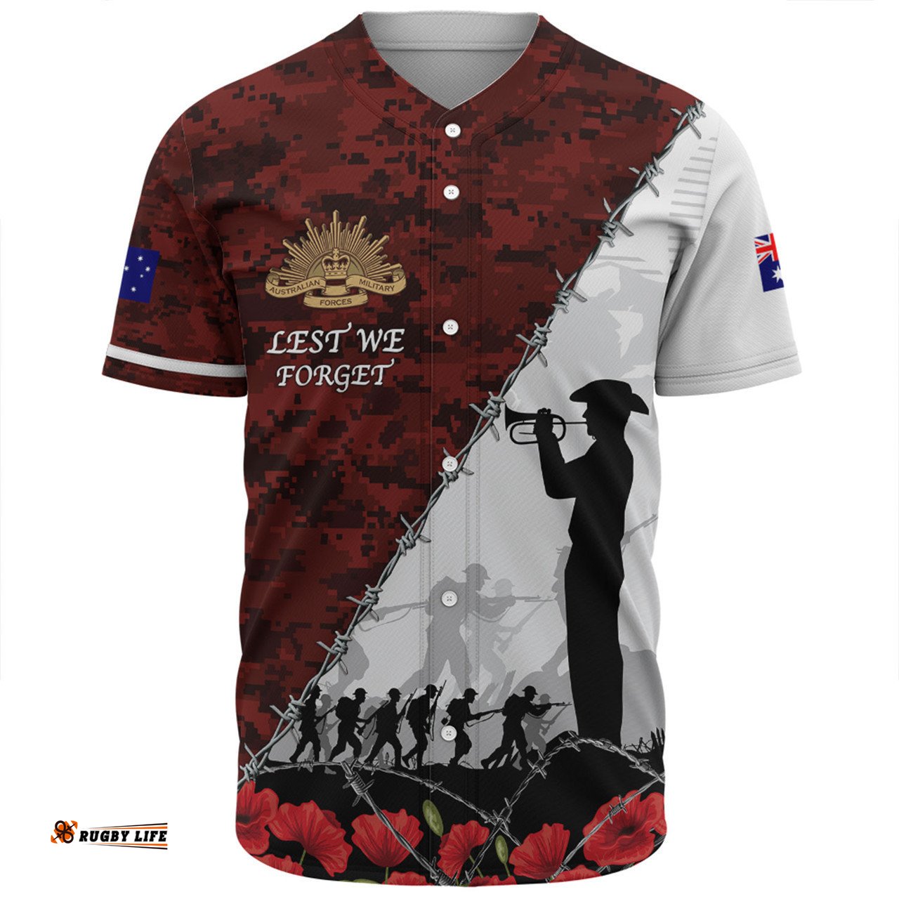 Australia Baseball Shirt - Anzac Day Poppy Flower And Barbed Wire