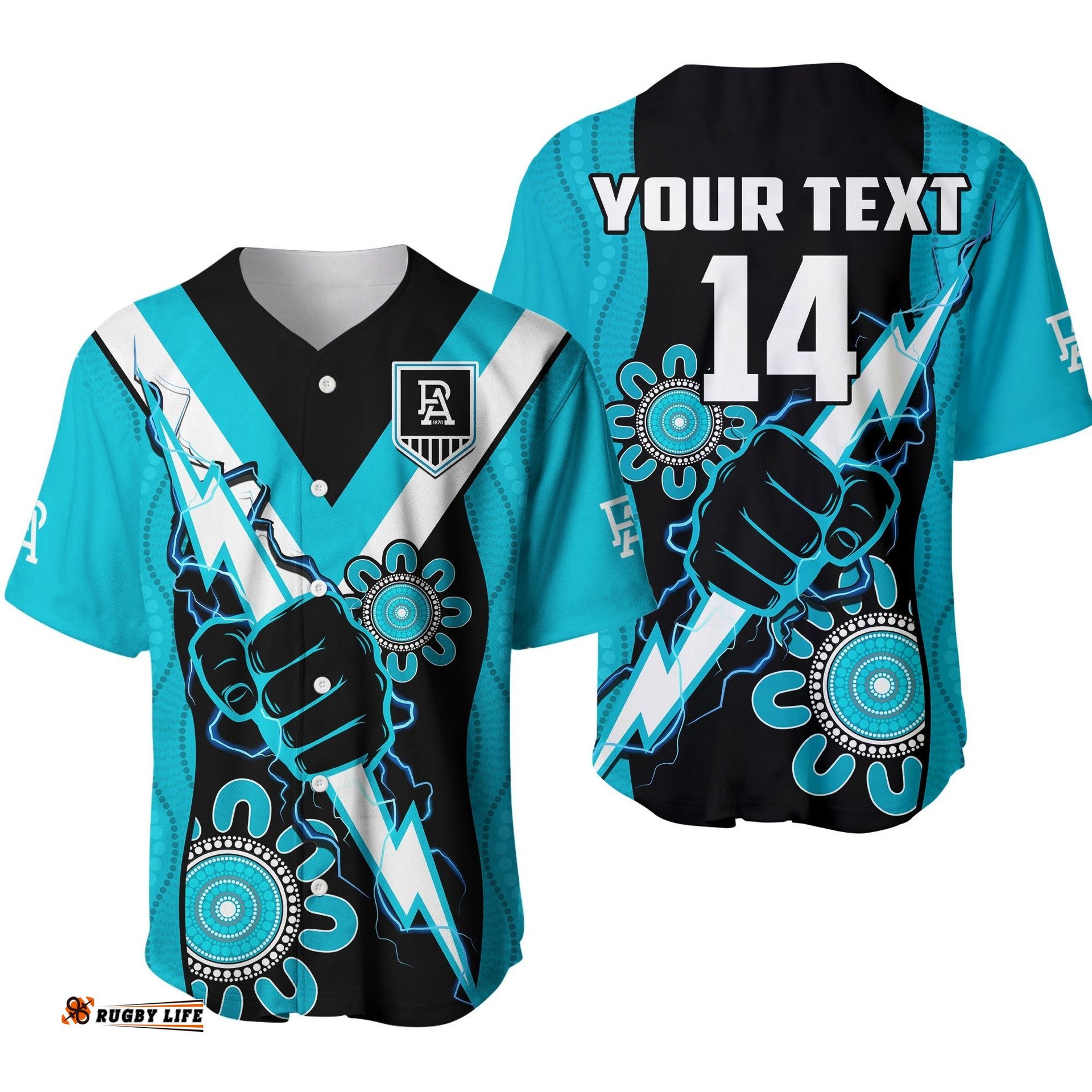 Custom Text And Number Port Adelaide Football Baseball Jersey Shirt Power Thunder Hand Mix Aboriginal Dynamic
