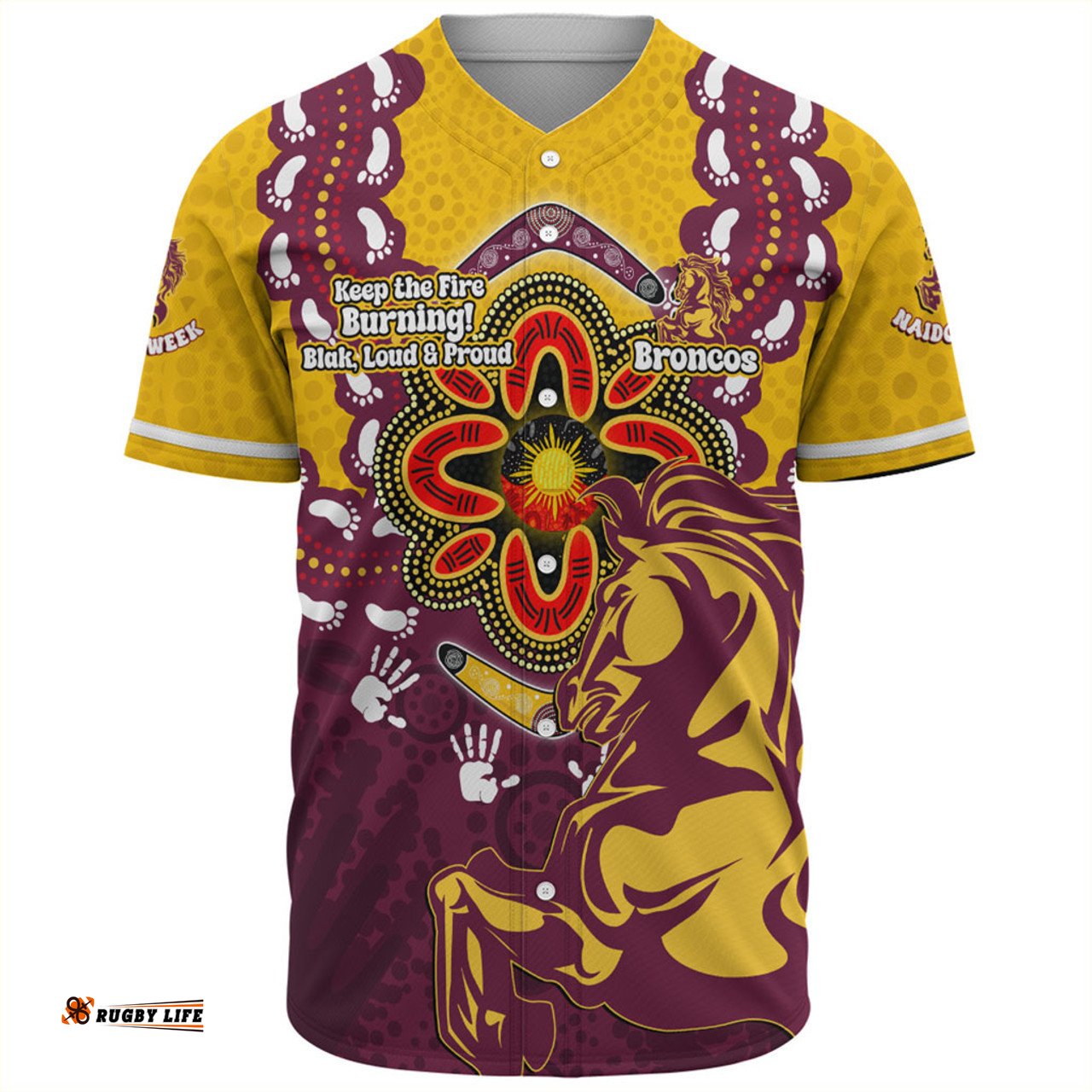 Brisbane Broncos Baseball Shirt Aboriginal Inspired Naidoc Symbol Pattern