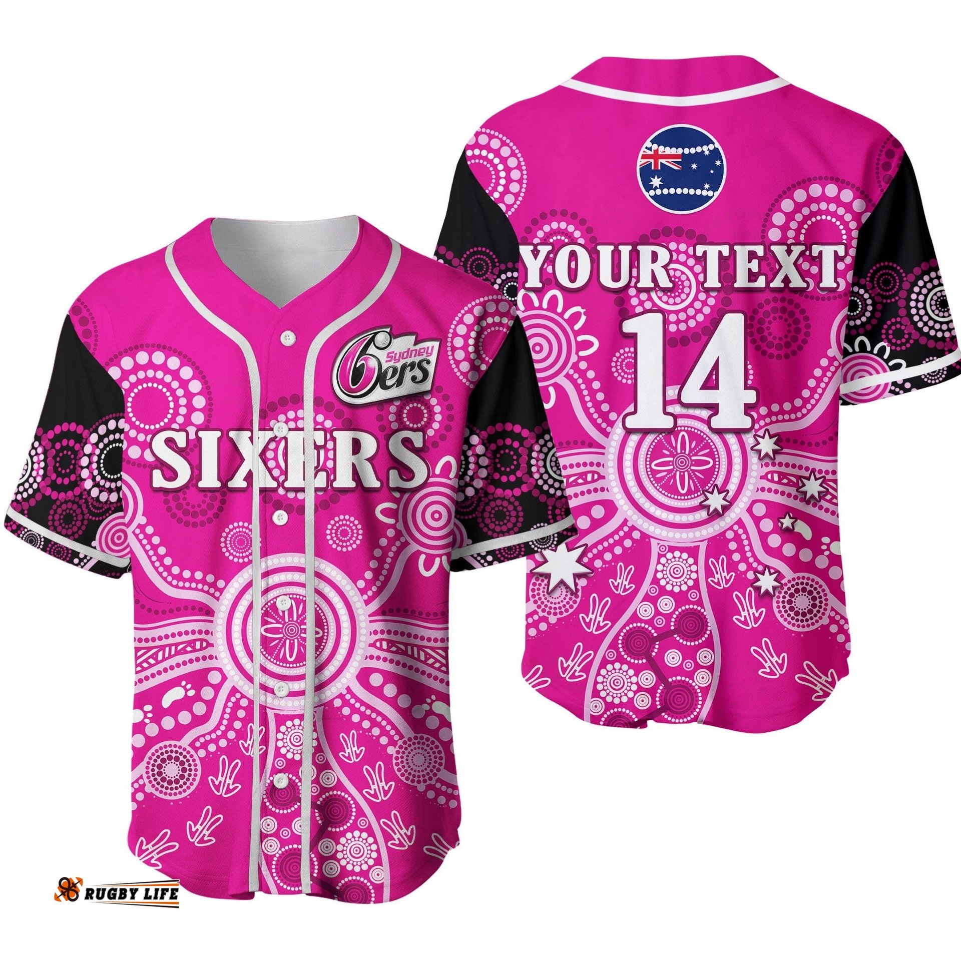 Custom Text And Number Sydney Sixers Baseball Jersey Shirt Cricket Indigenous Australian Art Strip Ver.01