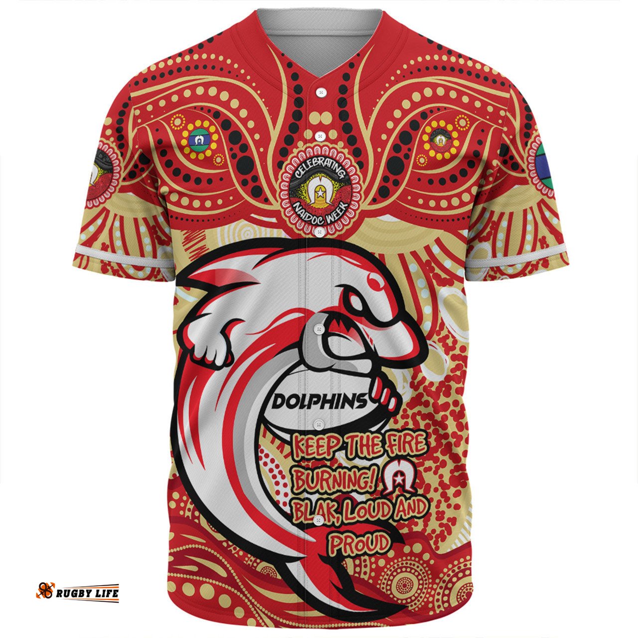 Redcliffe Dolphins Baseball Shirt Celebrating Naidoc Week 2024 Aboriginal Dot Art Inspired