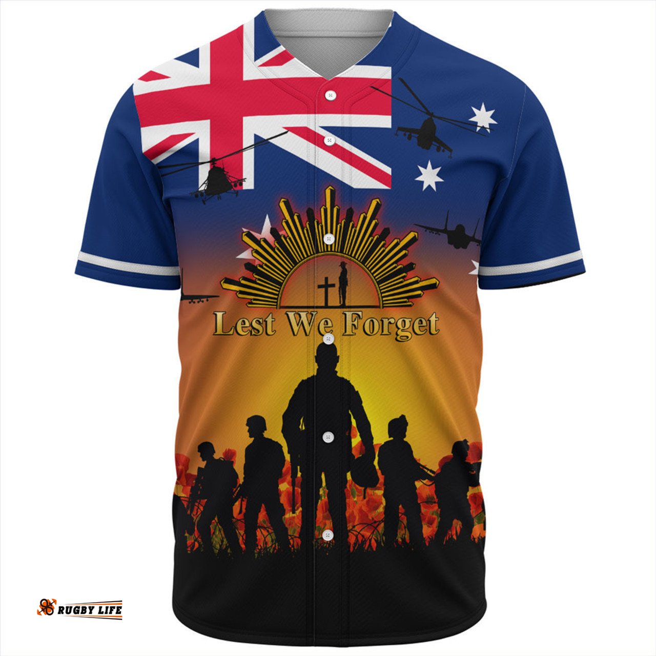 Australia Baseball Shirt Anzac Flag With Soldiers Sunset