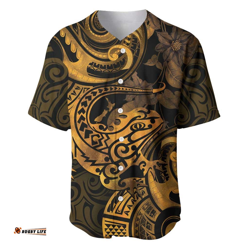 New Zealand Tuatara Baseball Jersey Shirt Aotearoa Maori Clematis Flowers Gold