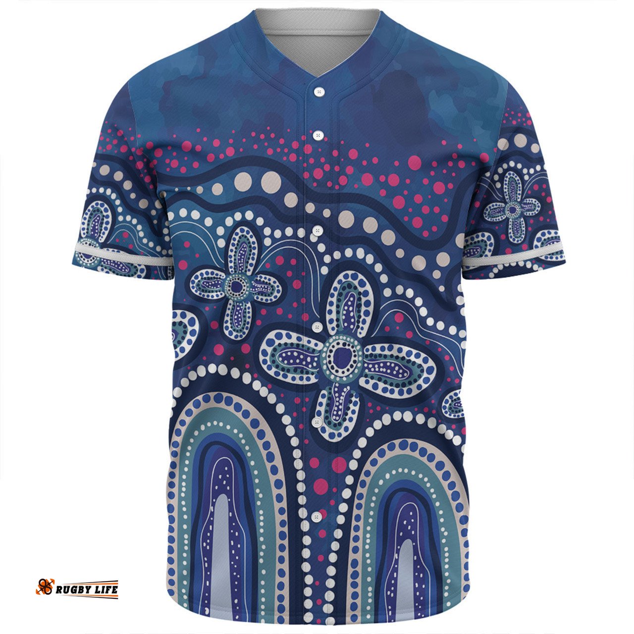 Australia Aboriginal Baseball Shirt - Dot painting illustration in Aboriginal style Blue Baseball Shirt