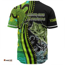 Australia Fishing Aboriginal Fishing Custom Baseball Shirt - Rise And Shine A Bass Fish Jumps Out Of Water And Aboriginal Patterns Inspired Baseball Shirt
