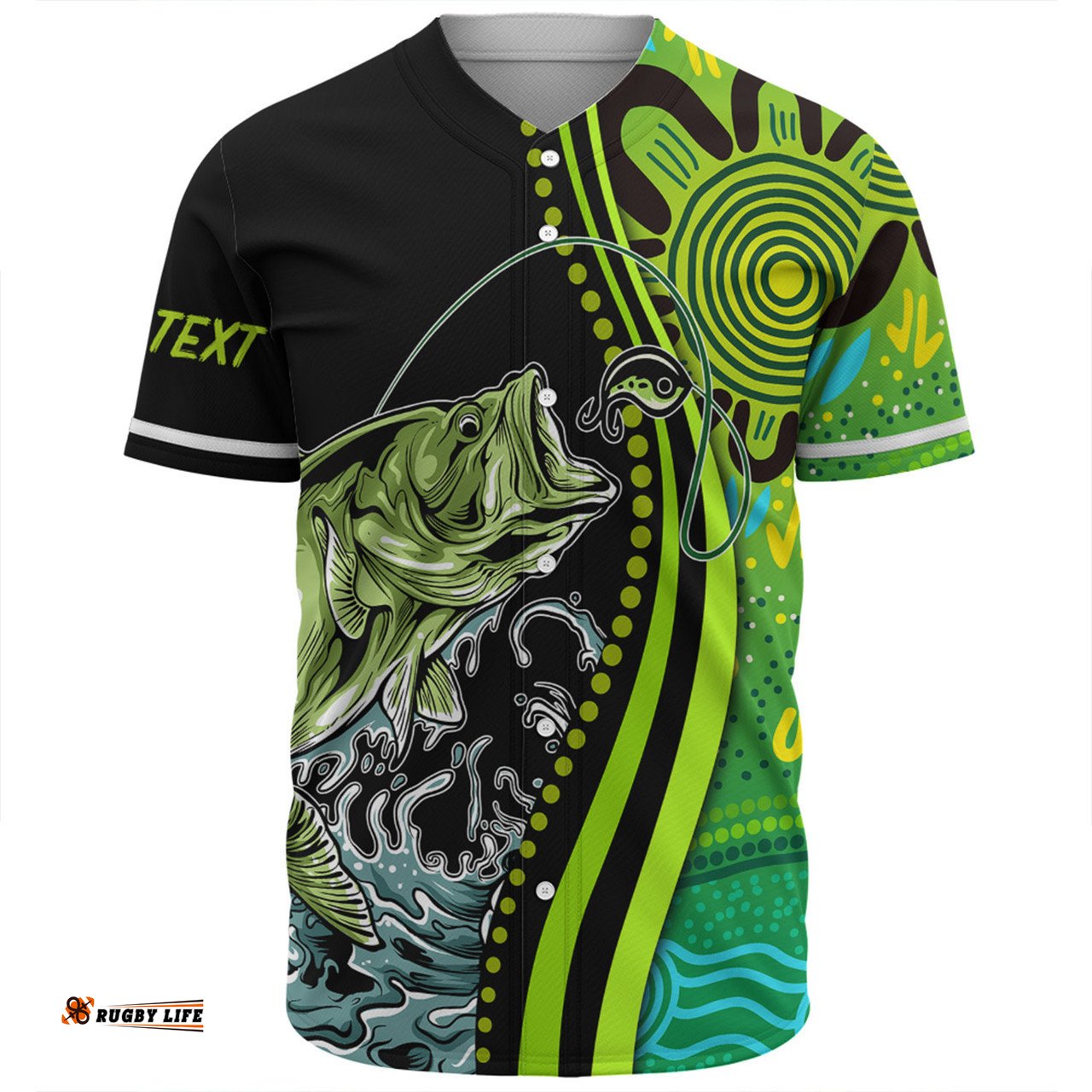 Australia Fishing Aboriginal Fishing Custom Baseball Shirt - Rise And Shine A Bass Fish Jumps Out Of Water And Aboriginal Patterns Inspired Baseball Shirt