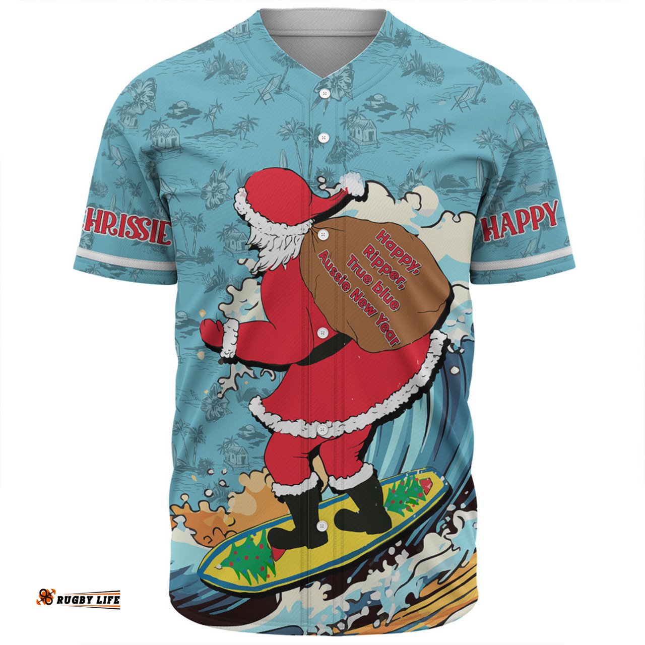 Australia Surfing Christmas Baseball Shirt - Santa Happy Chrissie Tropical Pattern Baseball Shirt
