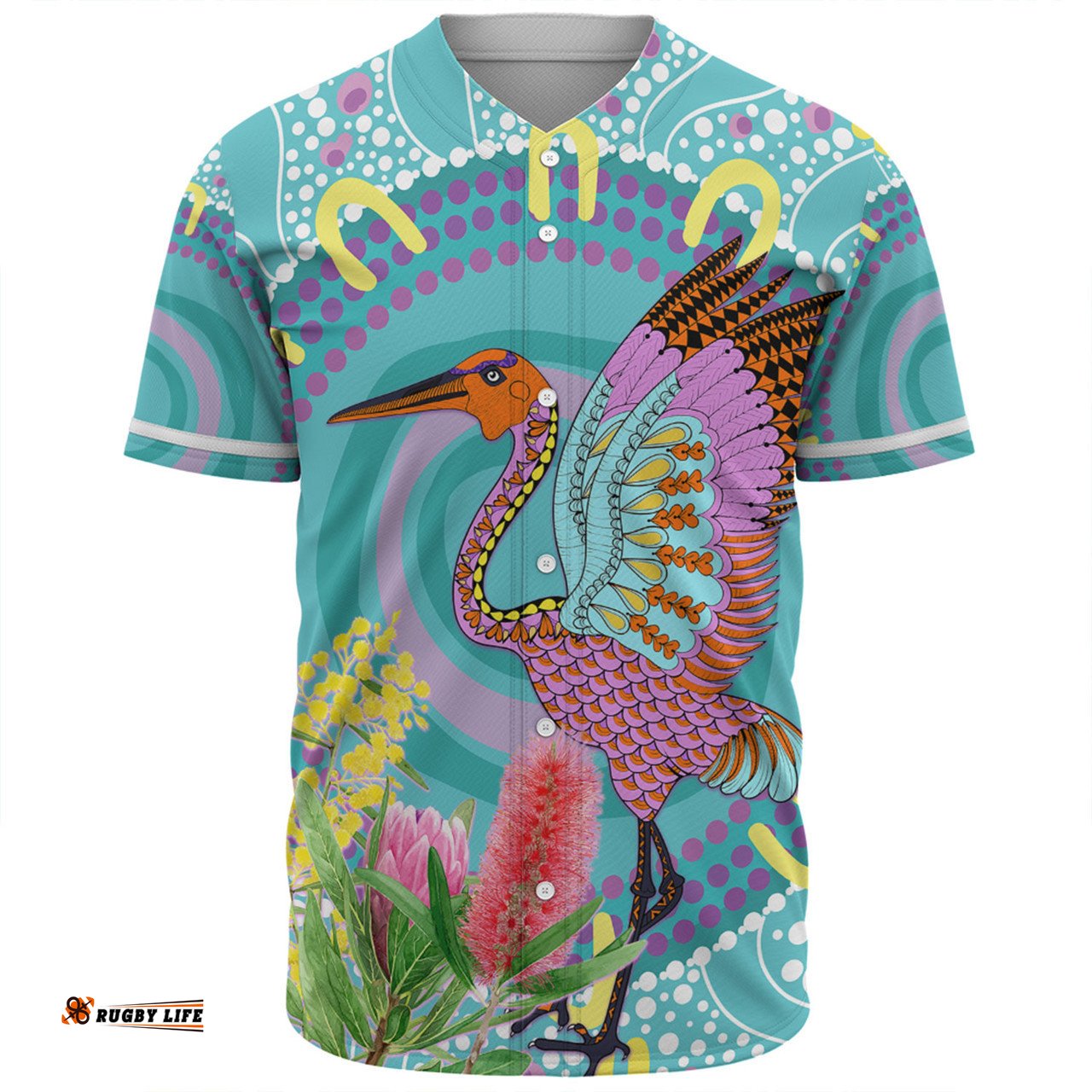 Australia Aboriginal Baseball Shirt - Brolga Bird Dancing With Australia Native Flowers V3 Baseball Shirt