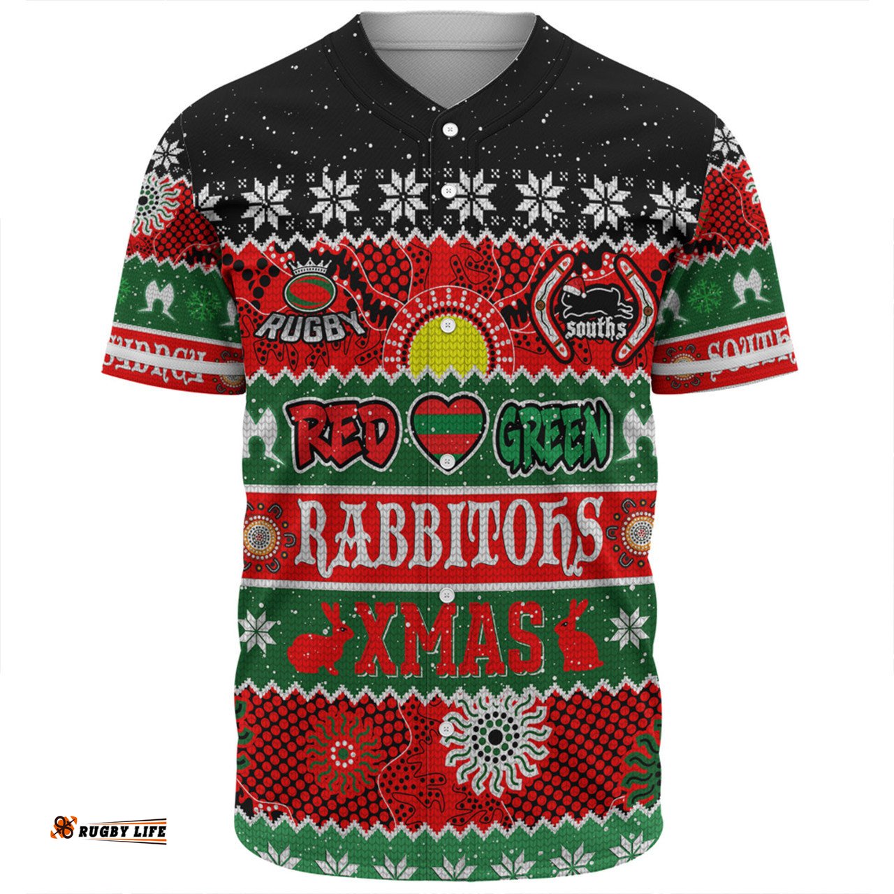 South Sydney Rabbitohs Aboriginal Custom Baseball Shirt - Indigenous Knitted Ugly Xmas Style Baseball Shirt