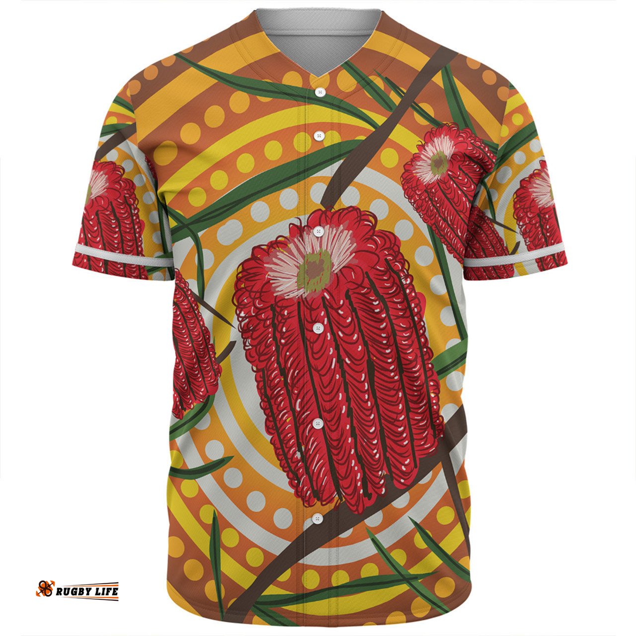 Australia Flowers Aboriginal Baseball Shirt - Aboriginal Dot Painting With Red Banksia Flower Baseball Shirt
