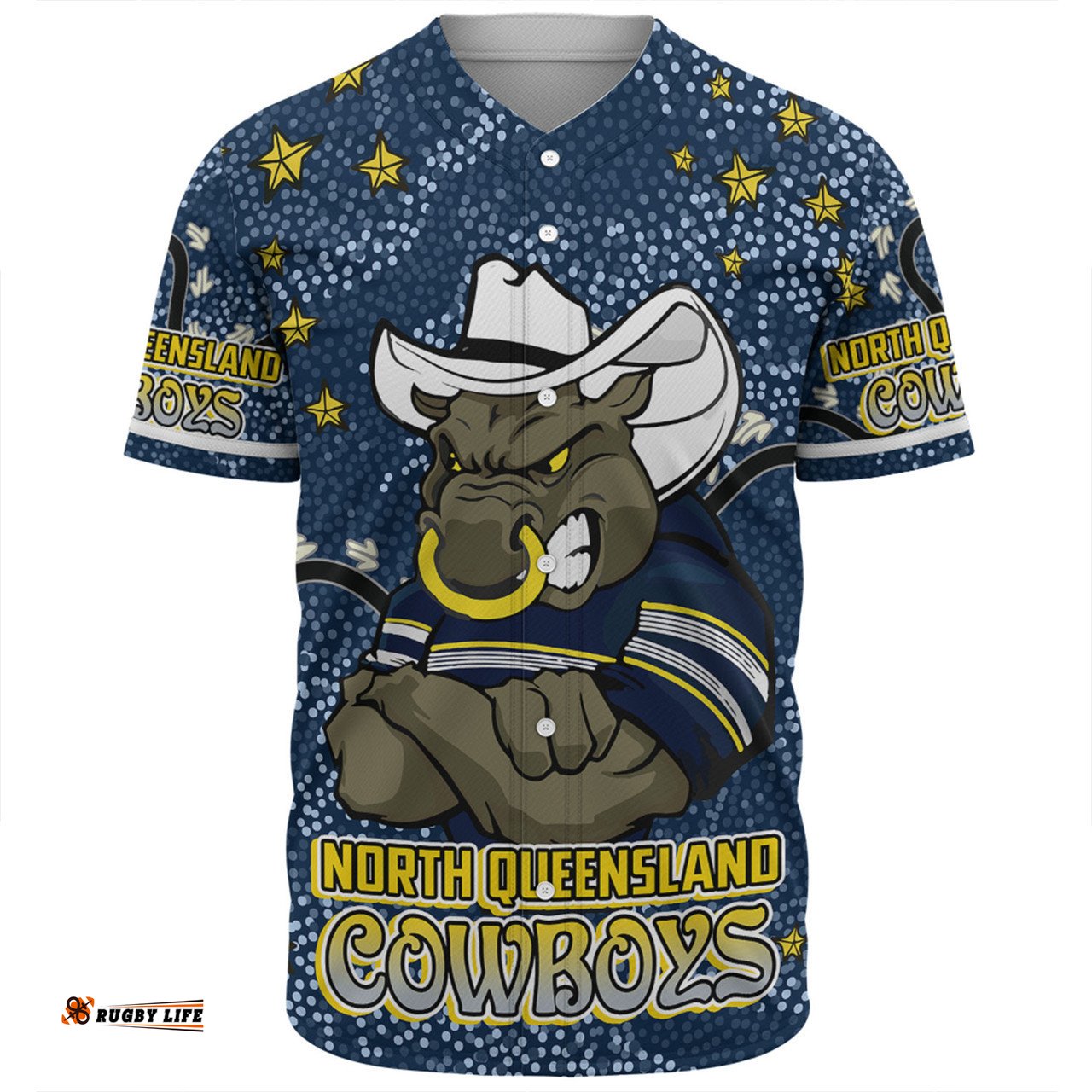 North Queensland Cowboys Custom Baseball Shirt - Team With Dot And Star Patterns For Tough Fan Baseball Shirt