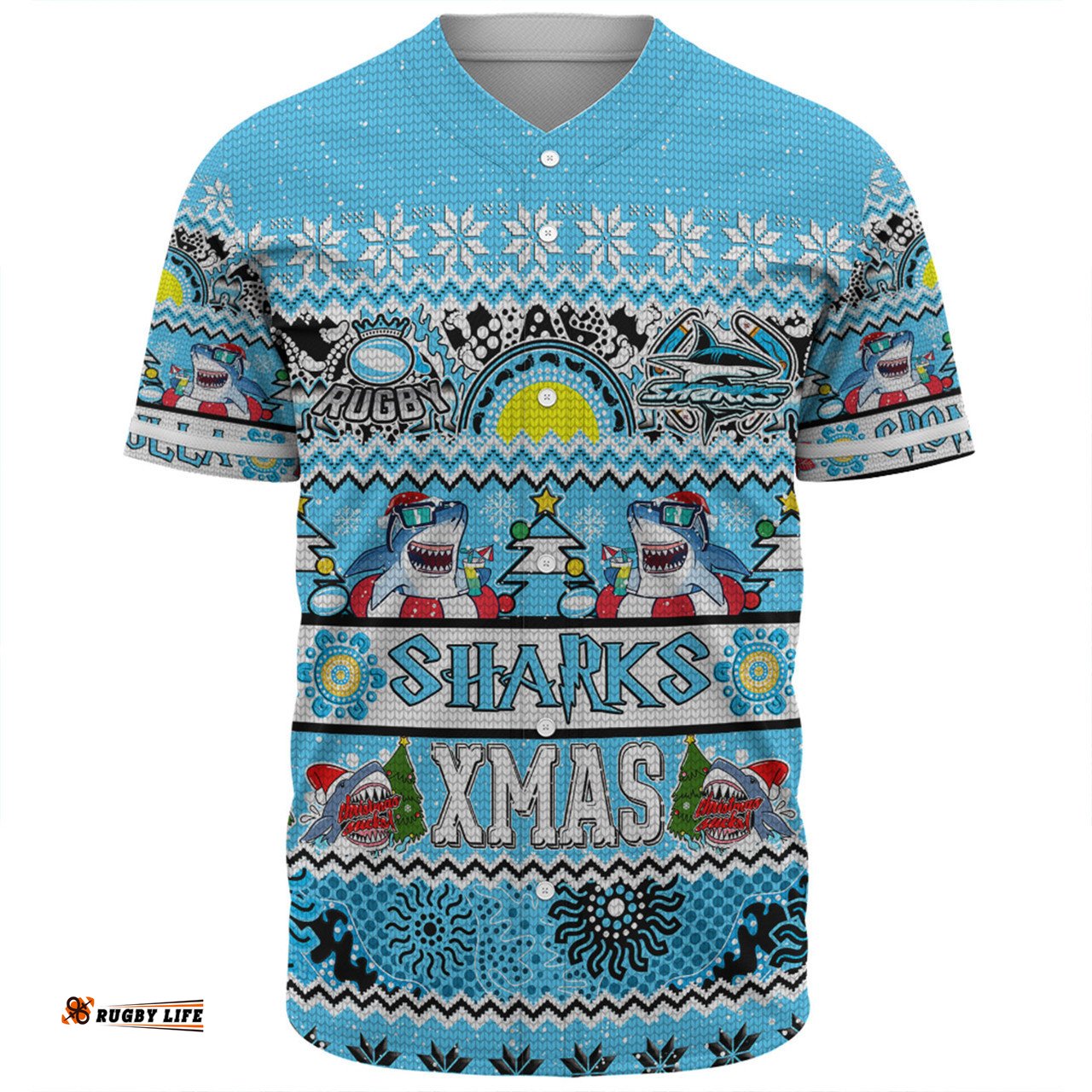 Cronulla-Sutherland Sharks Christmas Aboriginal Custom Baseball Shirt - Indigenous Knitted Ugly Xmas Style Baseball Shirt