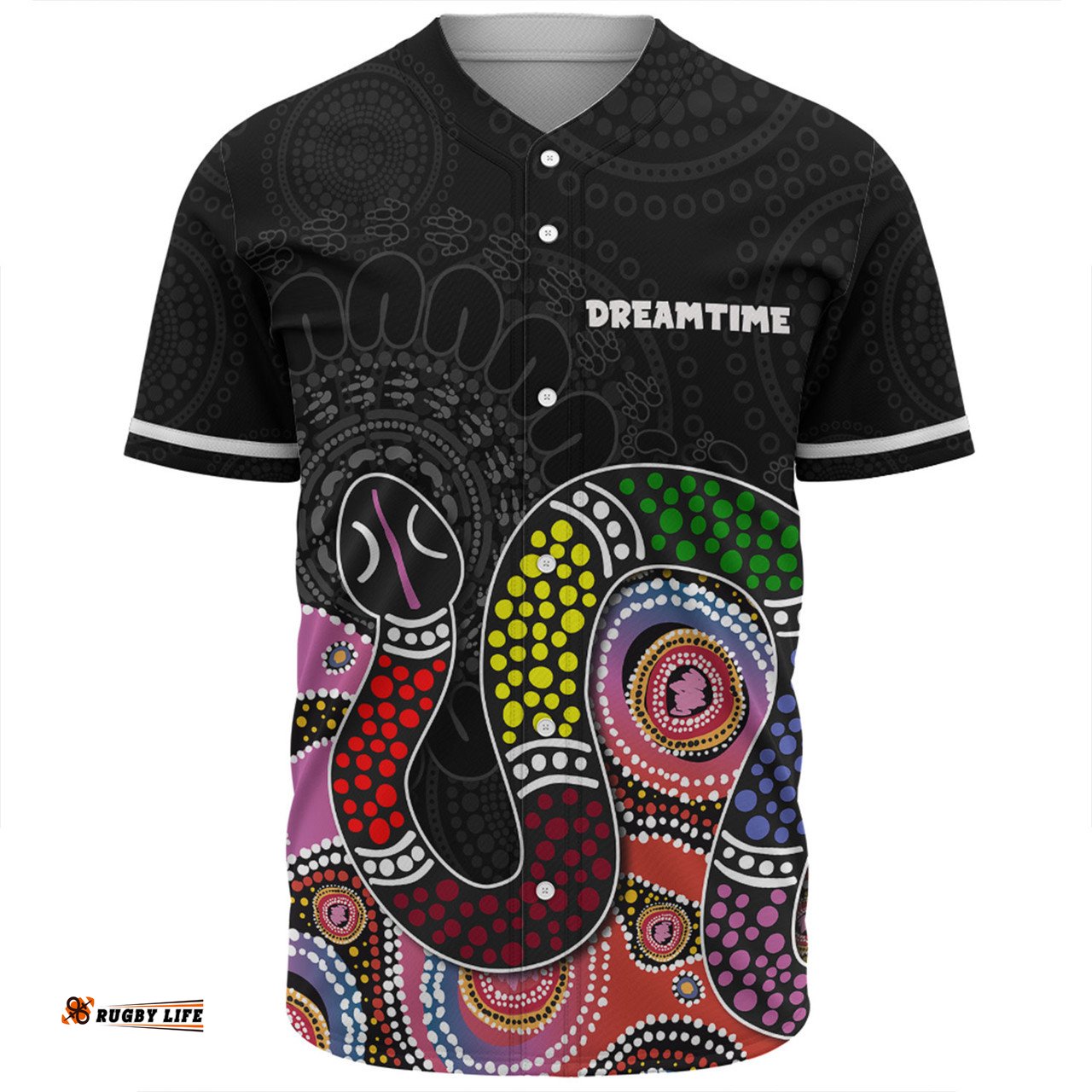 Australia Rainbow Serpent Aboriginal Custom Baseball Shirt - Dreamtime Rainbow Serpent Featuring Dot Style Baseball Shirt