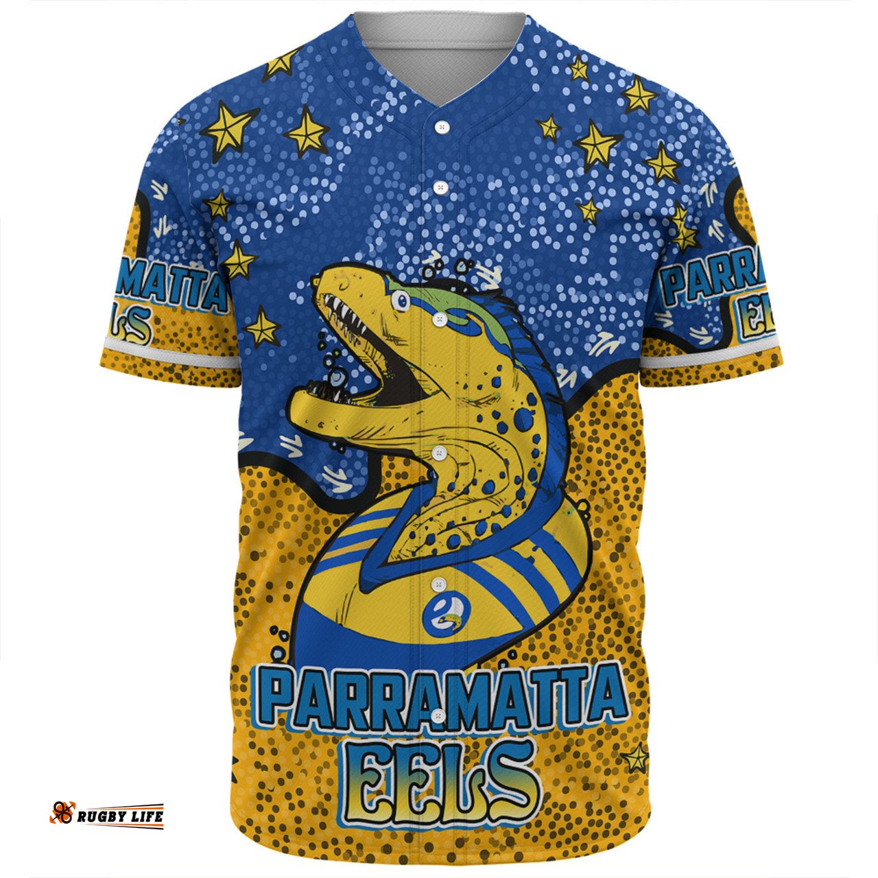 Parramatta Eels Custom Baseball Shirt - Team With Dot And Star Patterns For Tough Fan Baseball Shirt