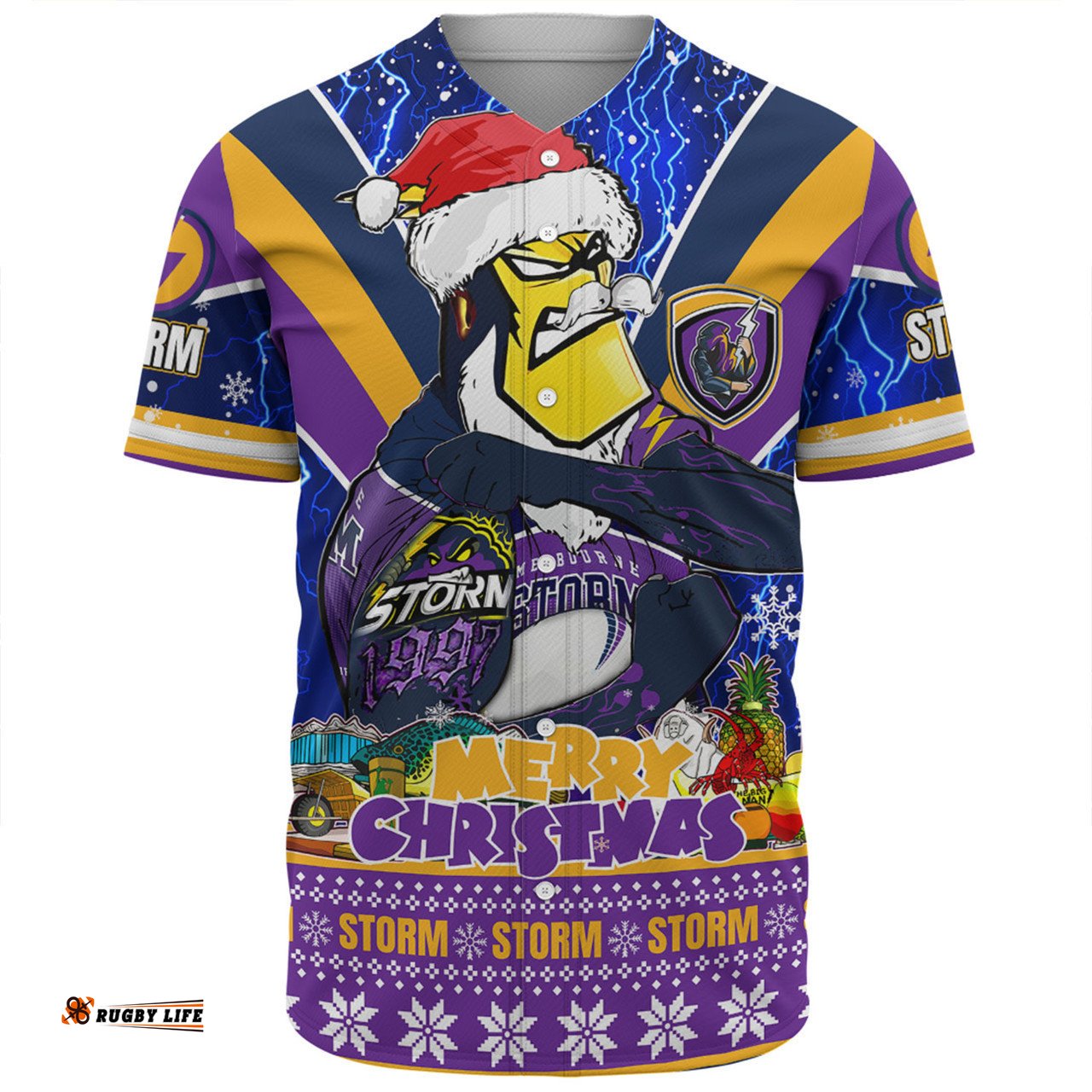 Melbourne Storm Christmas Custom Baseball Shirt - Storm Man Santa Claus Aussie Big Things Baseball Shirt