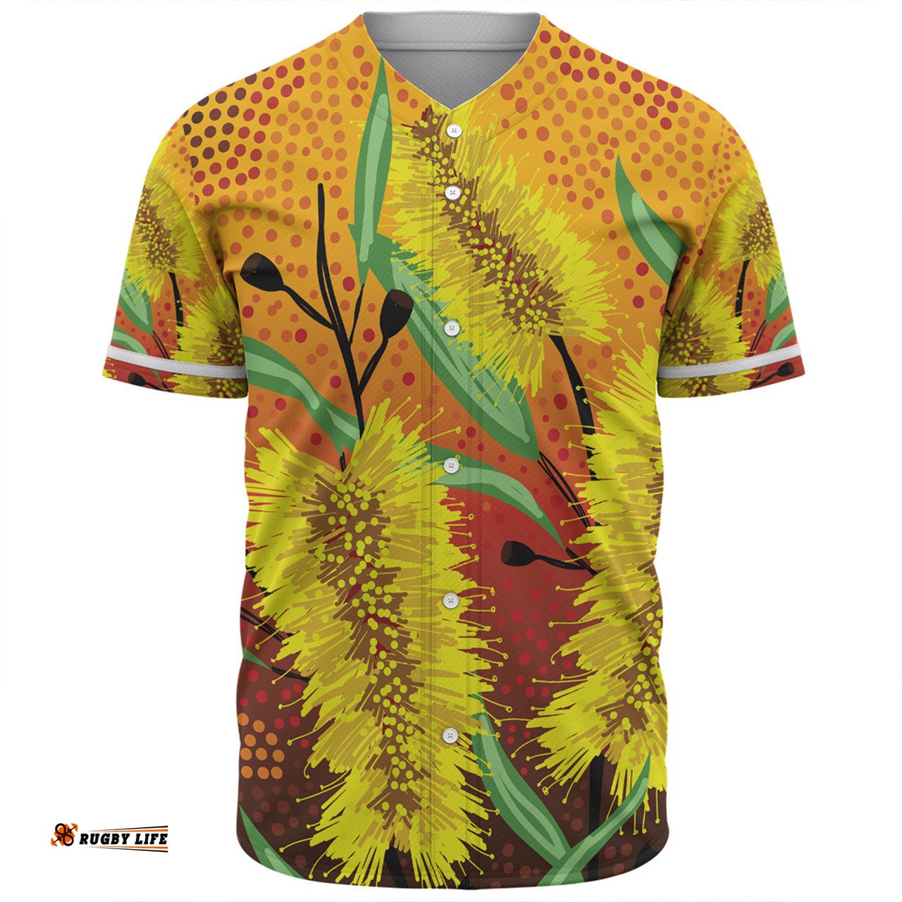 Australia Aboriginal Baseball Shirt - Aboriginal Art Of Yellow Bottle Brush Plant Baseball Shirt