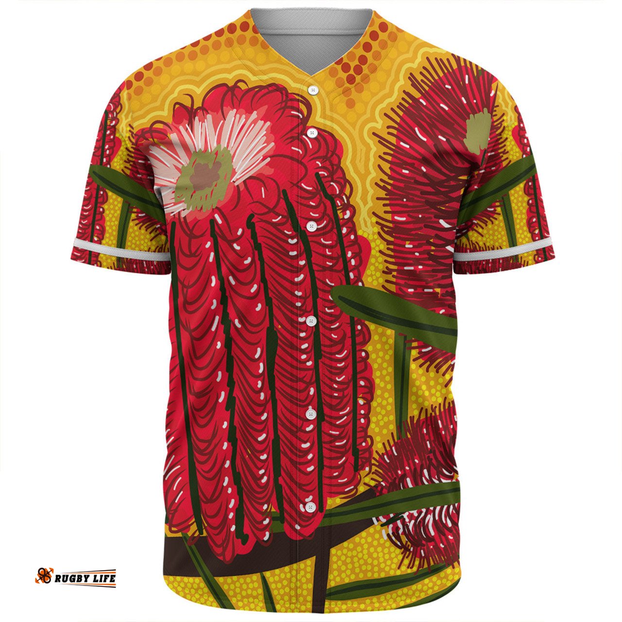 Australia Aboriginal Baseball Shirt - Aboriginal Dot Art Of Australian Native Banksia Flower Baseball Shirt