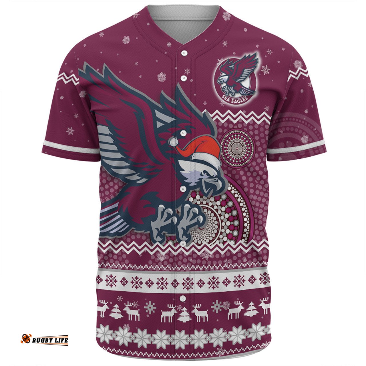 Manly Warringah Sea Eagles Christmas Custom Baseball Shirt - Ugly Xmas And Aboriginal Patterns For Die Hard Fan Baseball Shirt