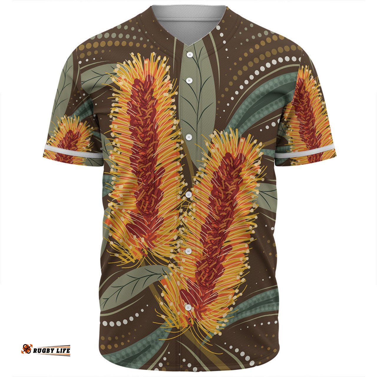 Australia Flowers Aboriginal Baseball Shirt - Aboriginal Dot Art With Yellow Banksia Flower Baseball Shirt