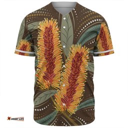 Australia Flowers Aboriginal Baseball Shirt - Aboriginal Dot Art With Yellow Banksia Flower Baseball Shirt