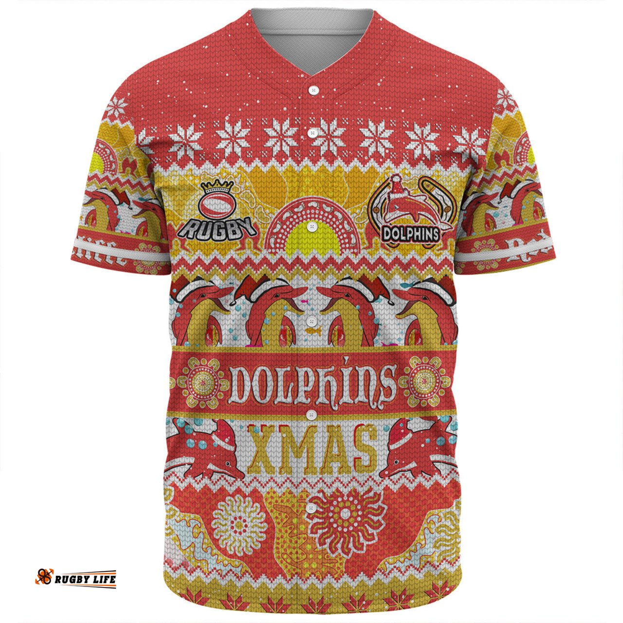 Redcliffe Dolphins Christmas Aboriginal Custom Baseball Shirt - Indigenous Knitted Ugly Xmas Style Baseball Shirt