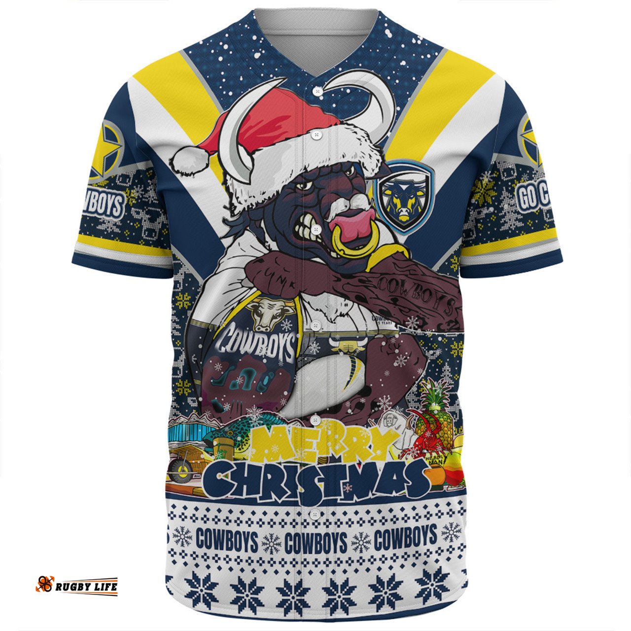 North Queensland Cowboys Christmas Custom Baseball Shirt - North Queensland Cowboys Santa Aussie Big Things Baseball Shirt