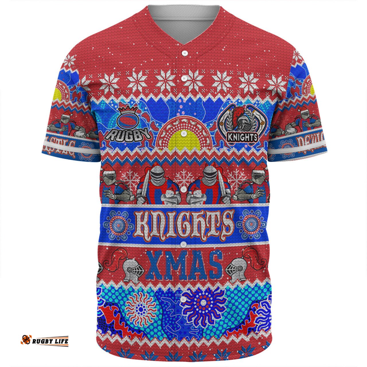 Newcastle Knights Christmas Aboriginal Custom Baseball Shirt - Indigenous Knitted Ugly Xmas Style Baseball Shirt