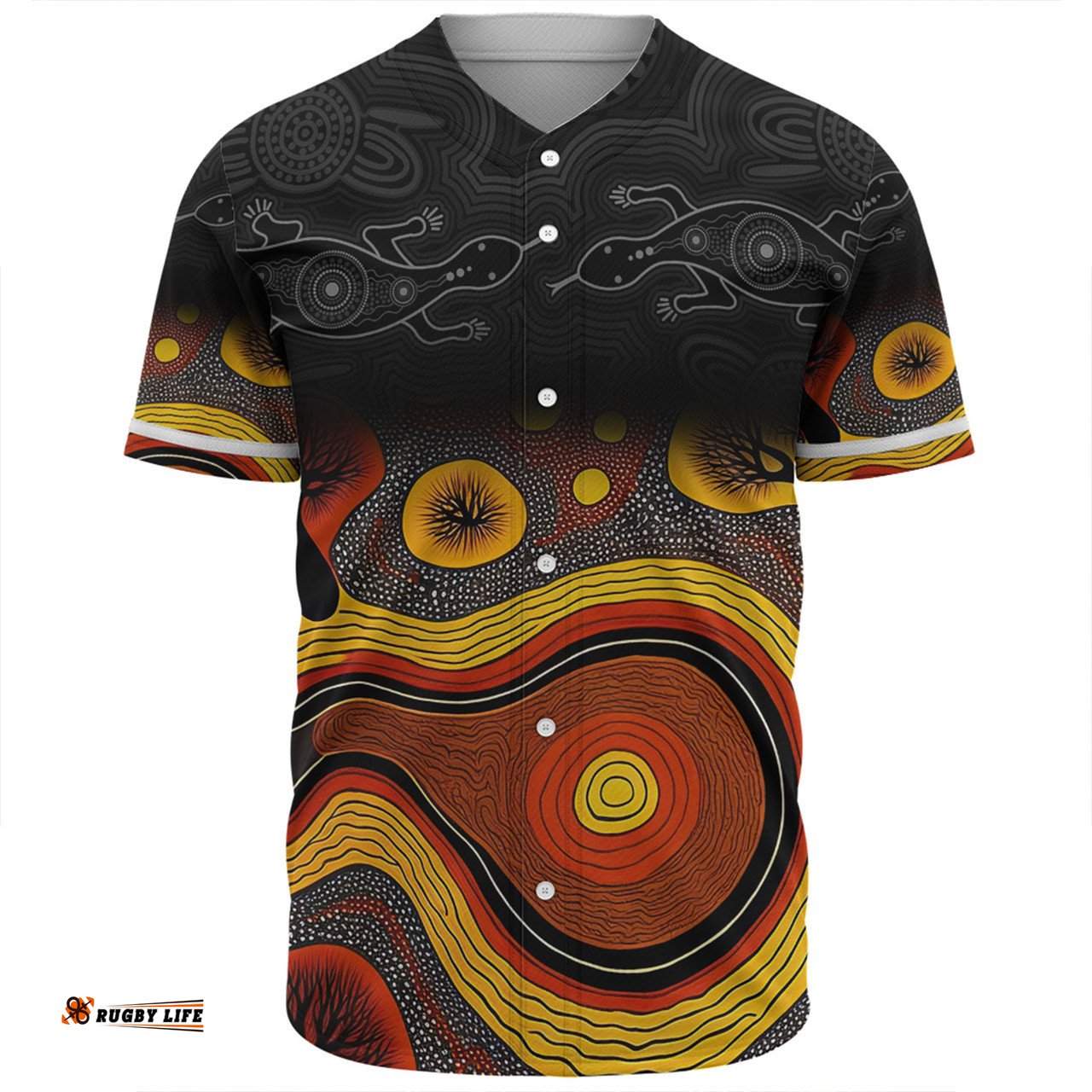 Australia Aboriginal Custom Baseball Shirt - Dreaming Trees And Goanna In Dot Pattern Baseball Shirt