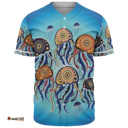 Australia Dot Painting Inspired Aboriginal Baseball Shirt - Jellyfish Art In Aboriginal Dot Style Baseball Shirt