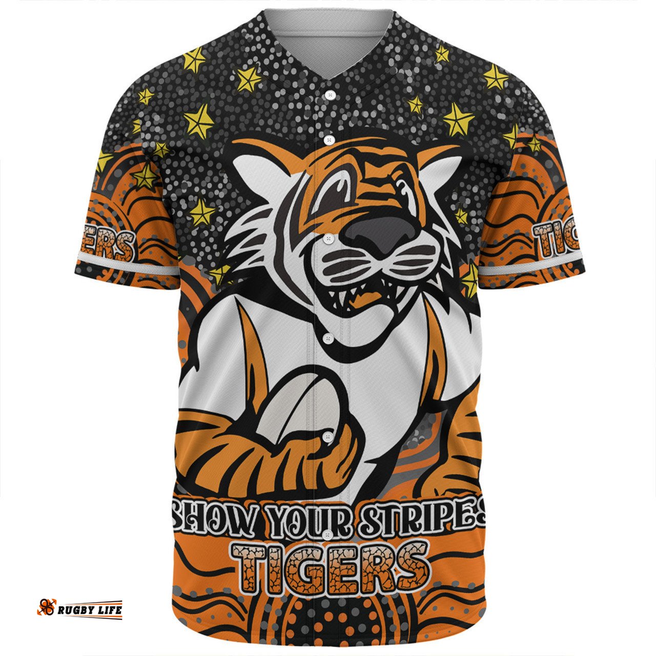 Wests Tigers Custom Baseball Shirt - Custom With Aboriginal Inspired Style Of Dot Painting Patterns  Baseball Shirt
