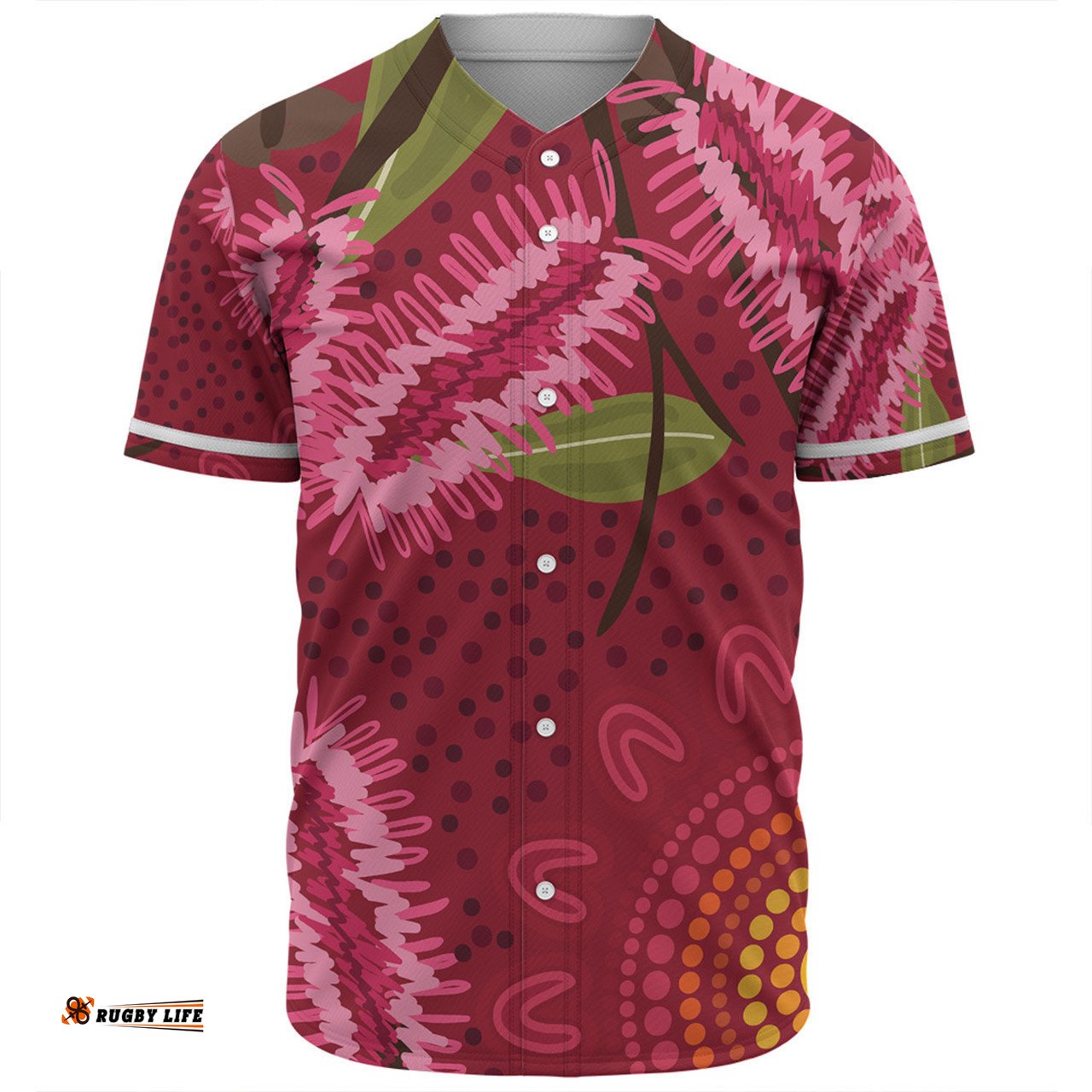Australia Flowers Aboriginal Baseball Shirt - Pink Bottle Brush Flora In Indigenous Painting Baseball Shirt