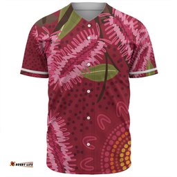 Australia Flowers Aboriginal Baseball Shirt - Pink Bottle Brush Flora In Indigenous Painting Baseball Shirt