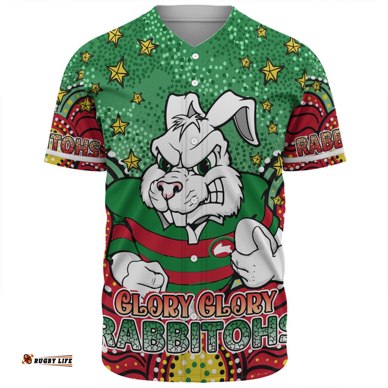 South Sydney Rabbitohs Baseball Shirt - Custom With Aboriginal Inspired Style Of Dot Painting Patterns  Baseball Shirt