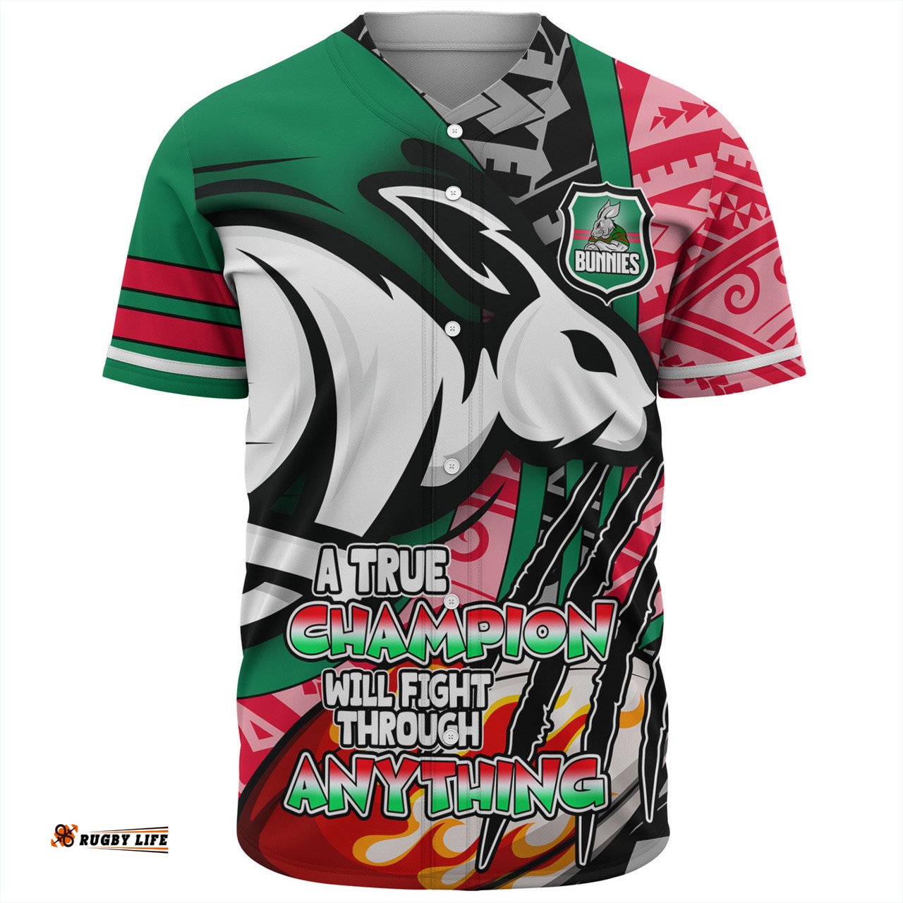 South Sydney Rabbitohs Grand Final Baseball Shirt - A True Champion Will Fight Through Anything With Polynesian Patterns