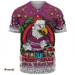 Manly Warringah Sea Eagles Christmas Custom Baseball Shirt - Merry Christmas Our Beloved Team With Aboriginal Dot Art Pattern Baseball Shirt