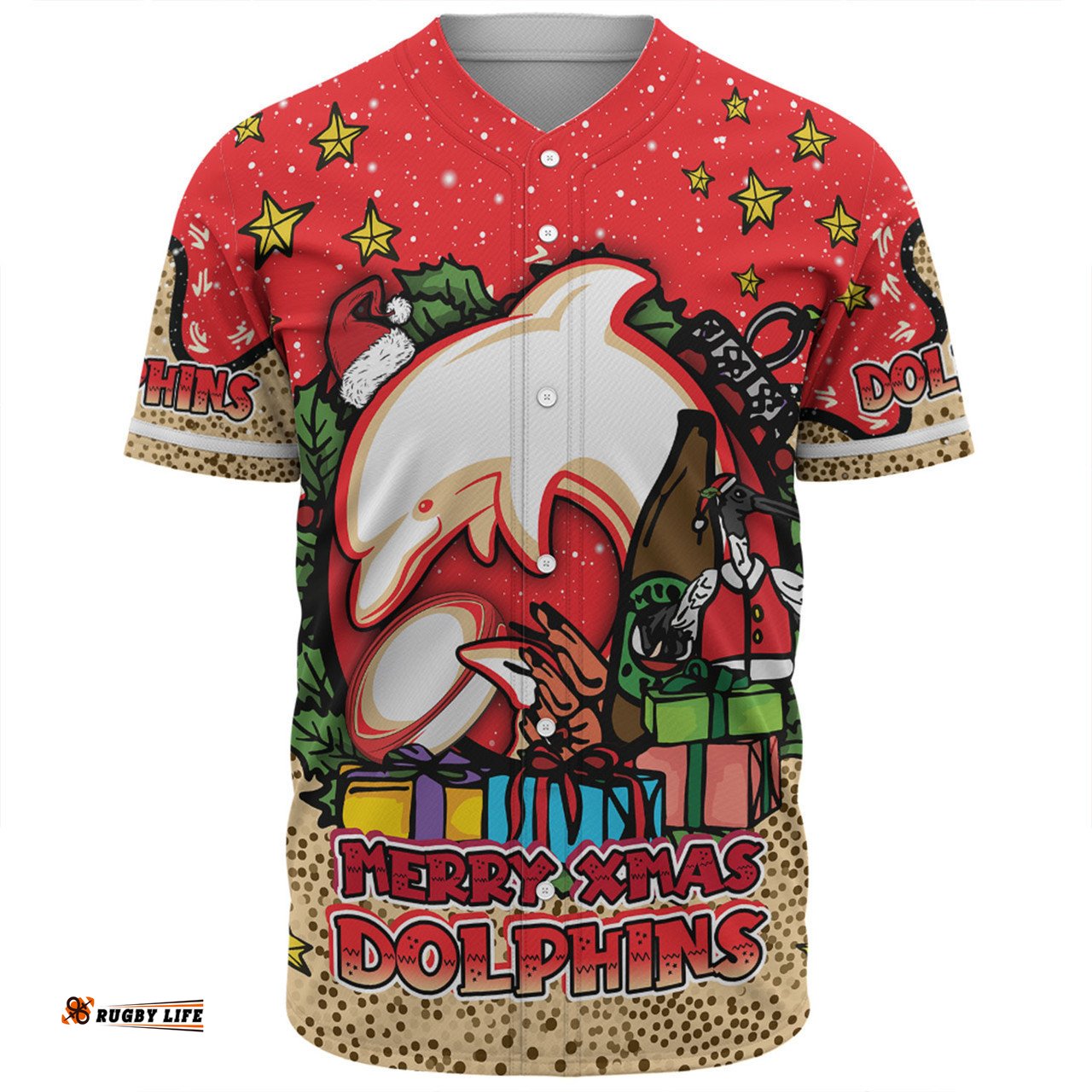 Redcliffe Dolphins Christmas Custom Baseball Shirt - Merry Christmas Our Beloved Team With Aboriginal Dot Art Pattern Baseball Shirt