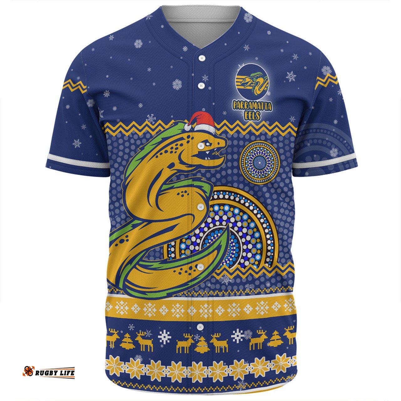 Parramatta Eels Christmas Custom Baseball Shirt - Ugly Xmas And Aboriginal Patterns For Die Hard Fan Baseball Shirt