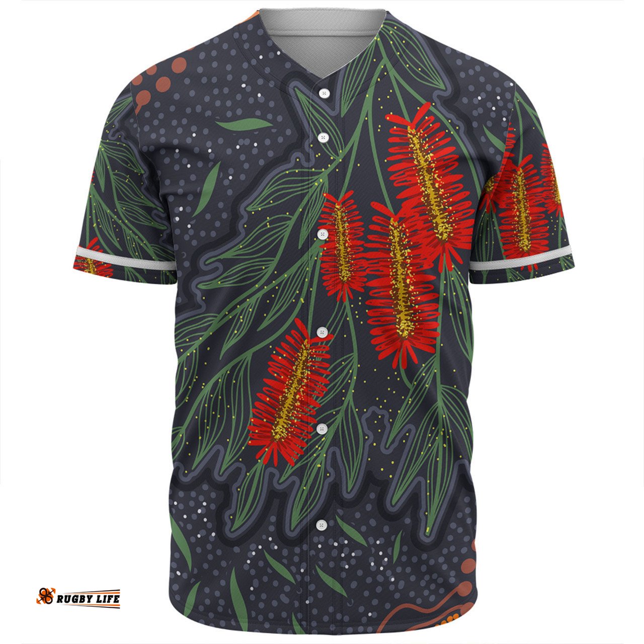 Australia Flowers Aboriginal Baseball Shirt - Bottle Brush Medicinal Plant Art Baseball Shirt