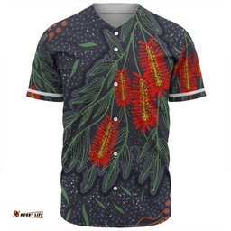 Australia Flowers Aboriginal Baseball Shirt - Bottle Brush Medicinal Plant Art Baseball Shirt