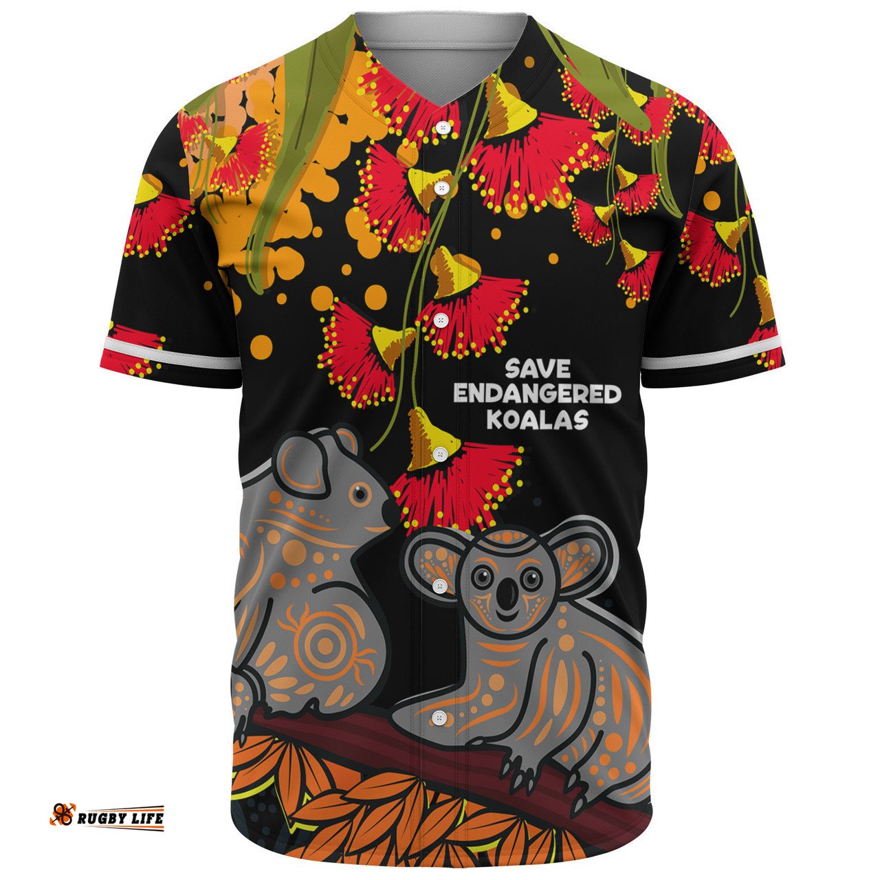 Australia Baseball Shirt - Aboriginal Save Endangered Koalas Red Bottle Brush Flower