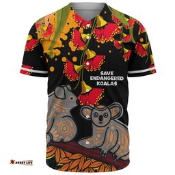 Australia Baseball Shirt - Aboriginal Save Endangered Koalas Red Bottle Brush Flower