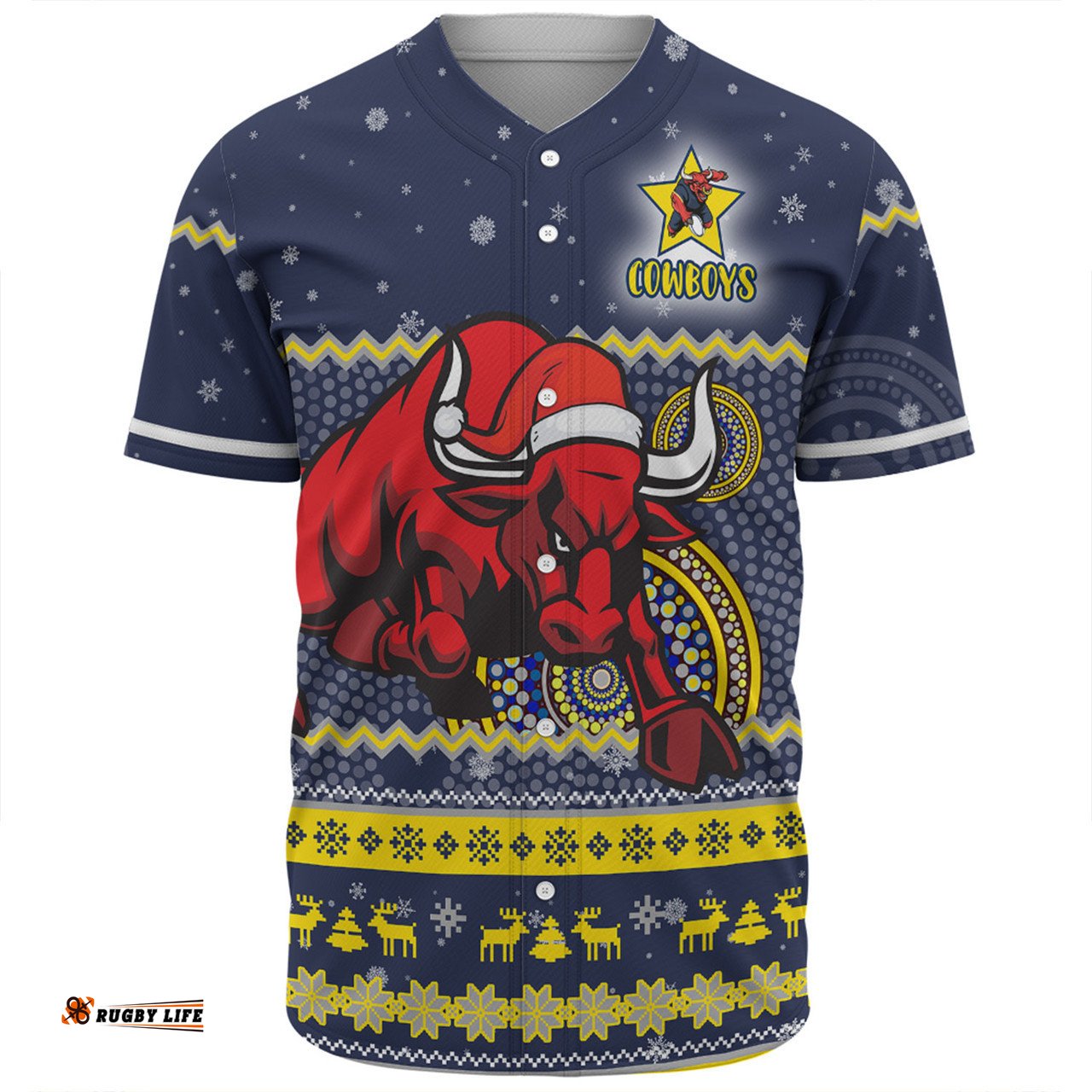 North Queensland Cowboys Christmas Custom Baseball Shirt - Ugly Xmas And Aboriginal Patterns For Die Hard Fan Baseball Shirt