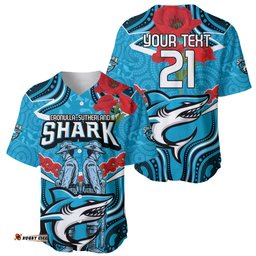 Custom Sharks Rugby ANZAC Baseball Jersey Shirt Gallipoli Soldier With Aboriginal Art