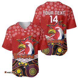 Custom Roosters Rugby Christmas Baseball Jersey Shirt Merry Xmas Mix Aboriginal Art