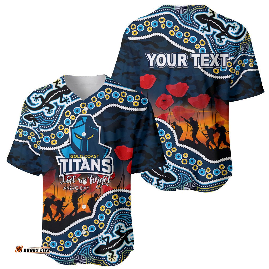 Custom Personalised Anzac Day NRL Titans Baseball Jersey Shirt Aboriginal Lizard Patterns